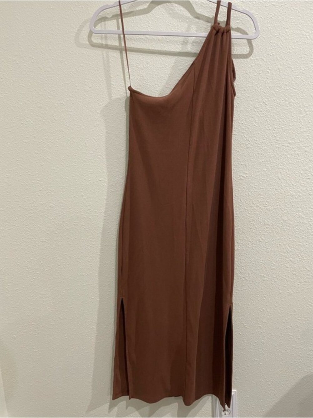 Old Navy Neutral Ribbed Midi Dress One Shoulder Beach Casual Slit Contemporary - Picture 8 of 8